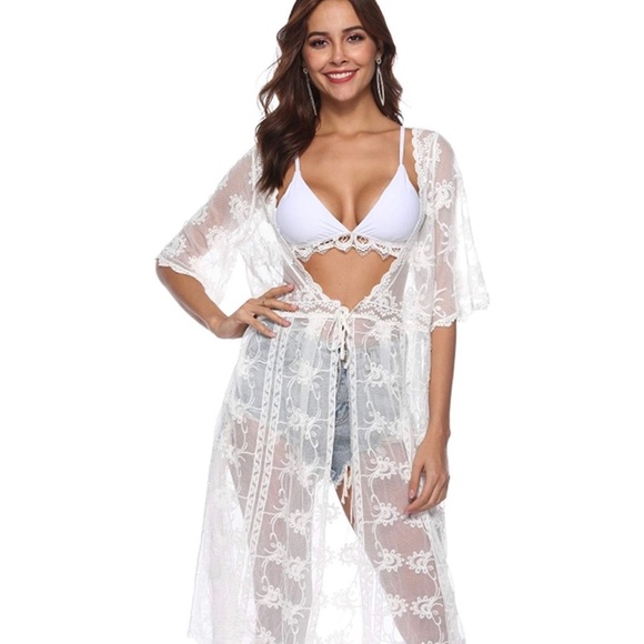 🌴SHIPS NOW🌴 White Floral Lace Long Kimono - Picture 4 of 8